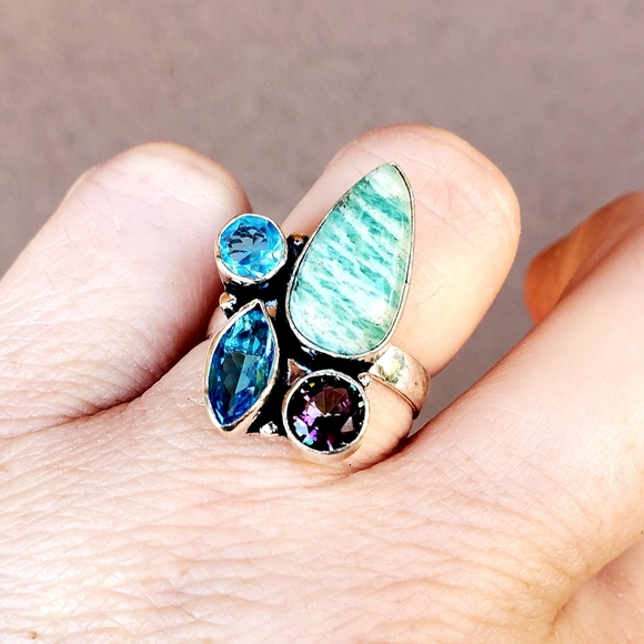 New Amazonite, Blue Quartz, Mystic Topaz 925 Silver Ring. - Picture 9 of 14